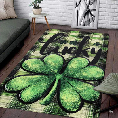 Lucky shamrock clover tartan plaid living room area rug with script typography - thumbnail image 1 of 8