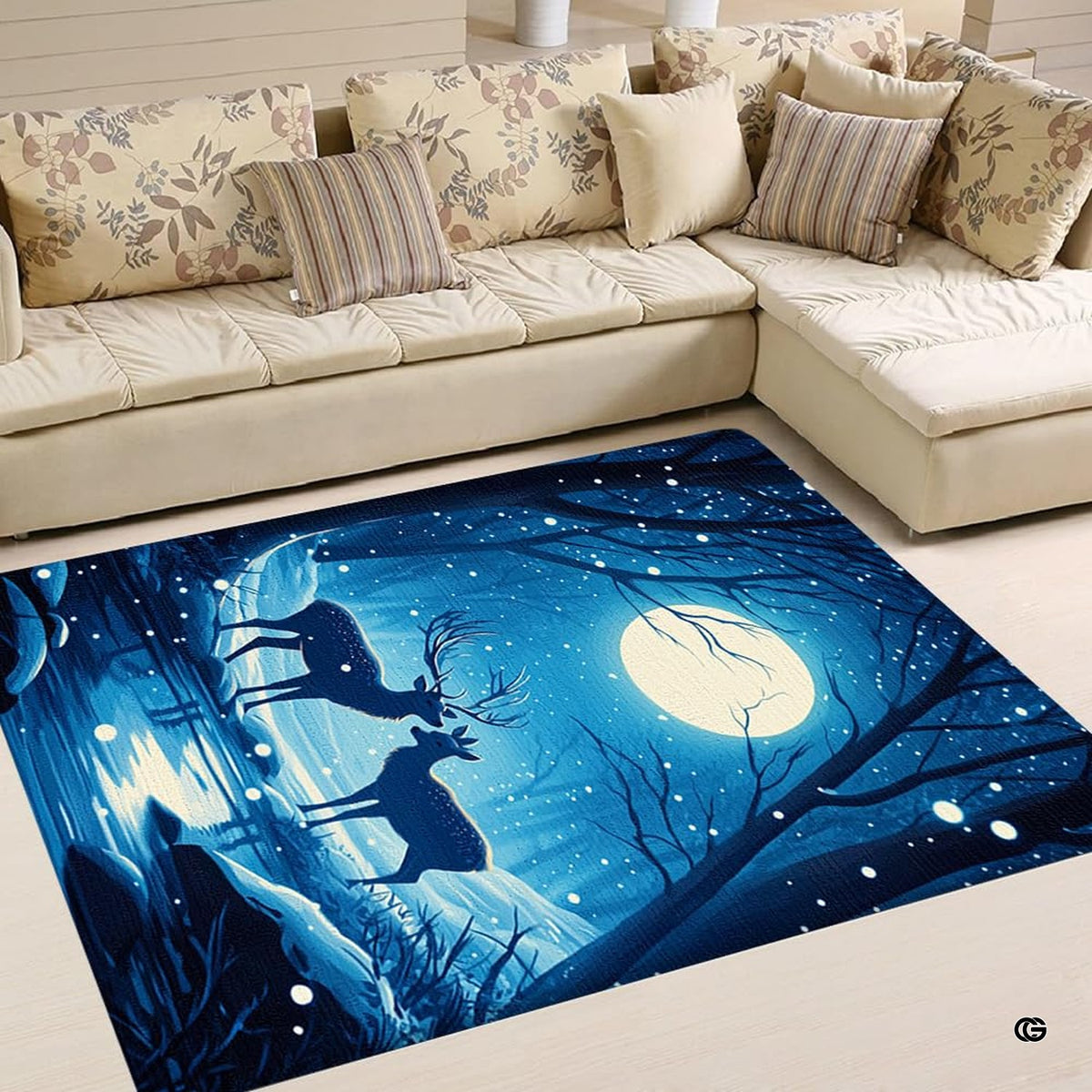 Detailed view of the navy blue and cyan forest landscape on this artistic area rug.