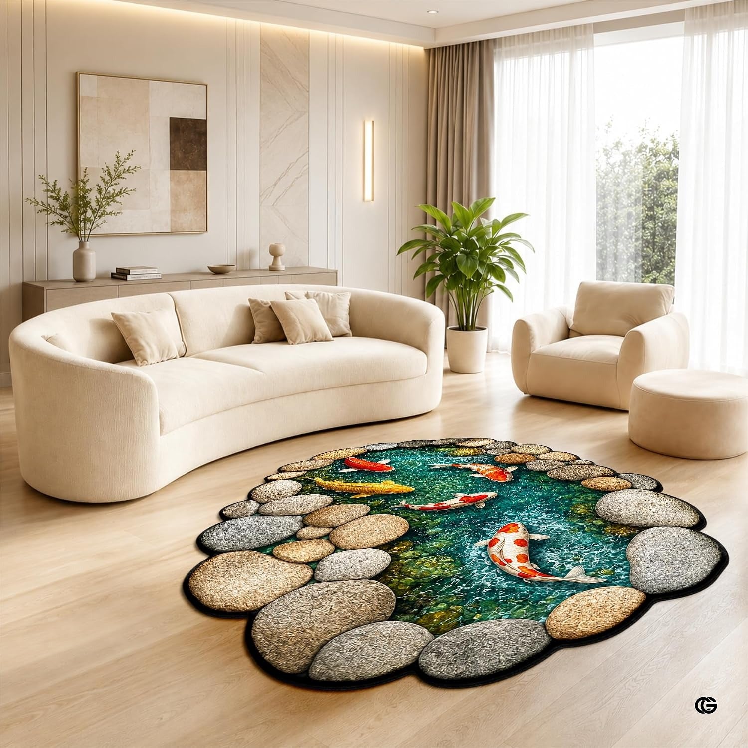 Custom Japanese Koi Fish Shaped Area Rug, Personalized 3D Optical Illusion Koi Pond Lotus Non Slip Washable Shaped Floor Mat, Fish Pond Rugs for Bedroom Living Room Decor (1, D4)