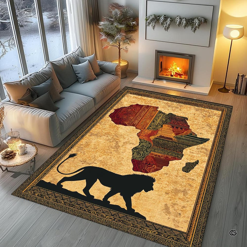 African continent motif ethnic print rugs displayed flat on light wood flooring.