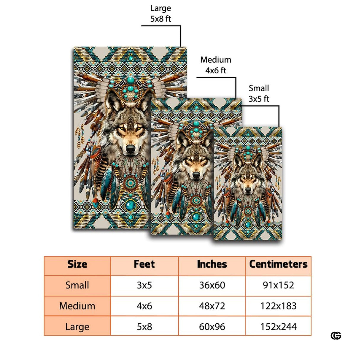 Floor mockup highlighting the tribal wolf headdress rug beside sofa furnishings