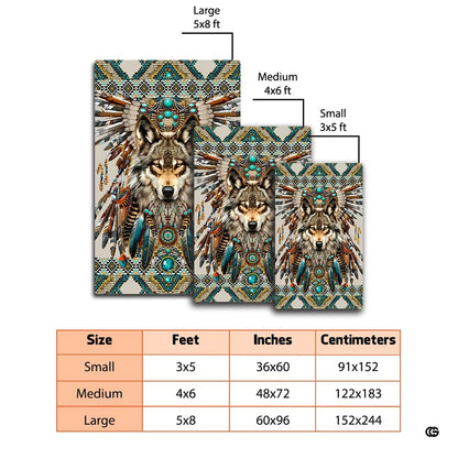 Floor mockup highlighting the tribal wolf headdress rug beside sofa furnishings - thumbnail image 2 of 7