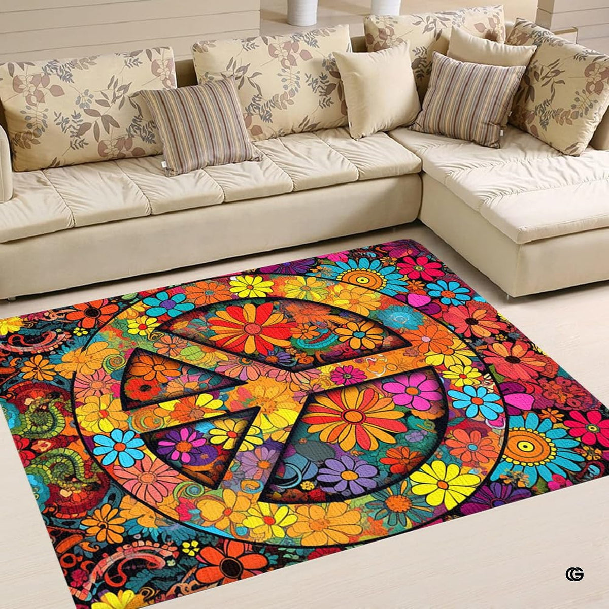 Living room floor styled with retro sixties hippie peace sign floral area rug