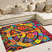 Living room floor styled with retro sixties hippie peace sign floral area rug - thumbnail image 2 of 5