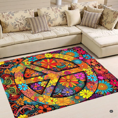 Living room floor styled with retro sixties hippie peace sign floral area rug - thumbnail image 2 of 5