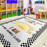 Smiling sun area rug featuring golden sunbeams with examples of positive affirmations on neutral background.