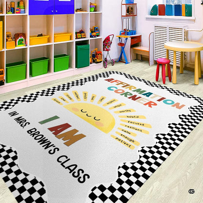Smiling sun area rug featuring golden sunbeams with examples of positive affirmations on neutral background. - thumbnail image 1 of 7