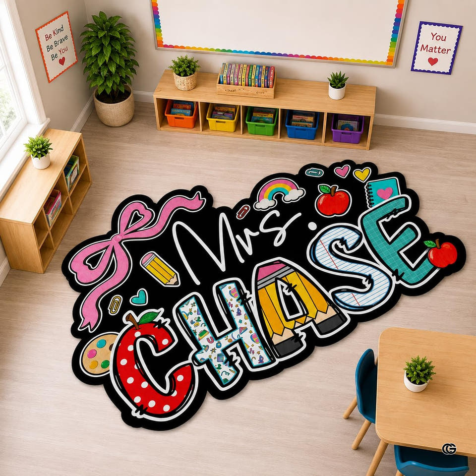 Classroom floor display showing shaped school stationery area rug on light hardwood flooring