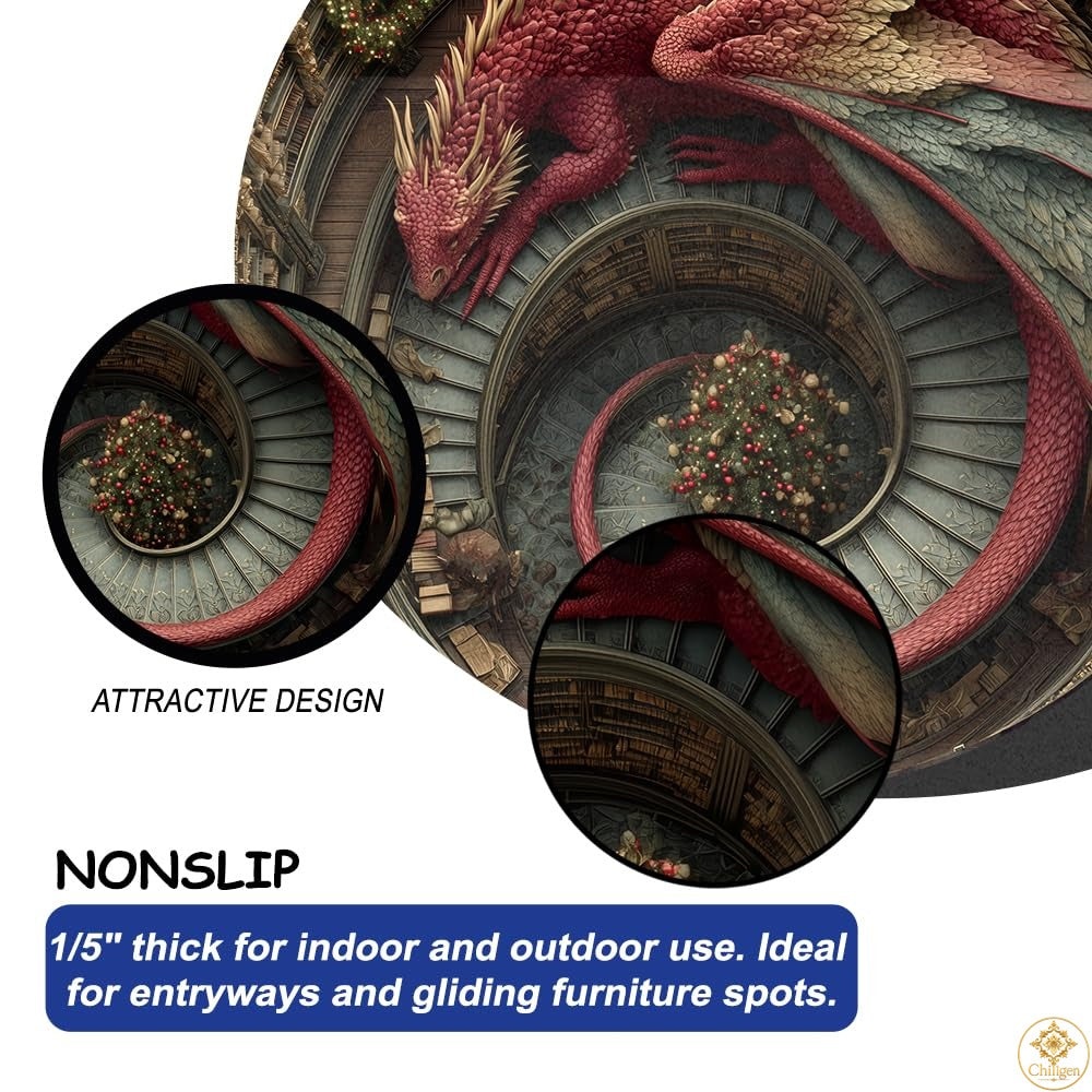 Personalized Dragon Round Rug with 3D Effect and Bookshelf Details