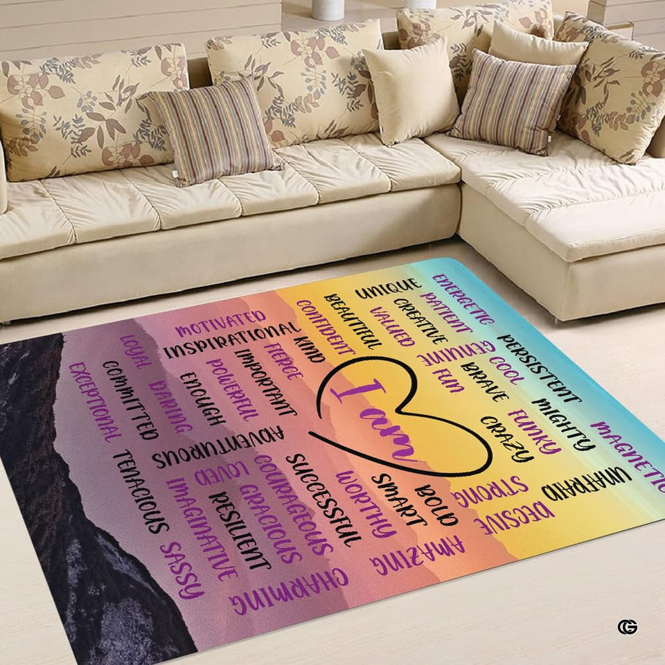 Pastel rainbow positive affirmation rug featuring a central heart motif and encouraging script.
