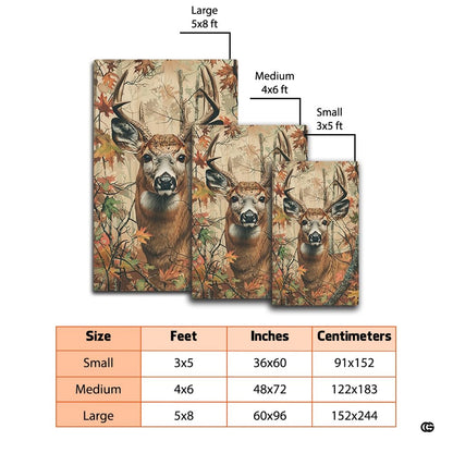 Overhead view of decorative woodland deer rug with rustic amber leaves. - thumbnail image 2 of 7