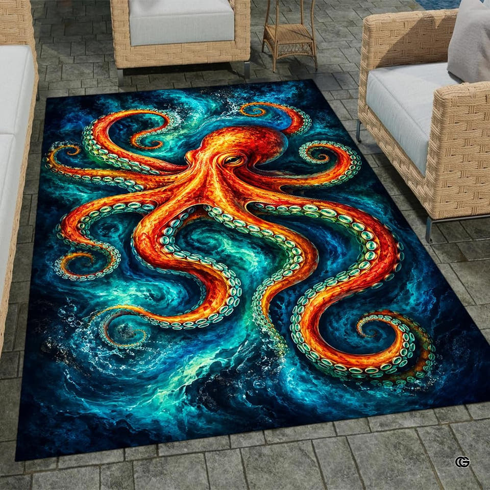 Dramatic area rugs displaying giant orange octopus tentacles over deep teal ocean waves.