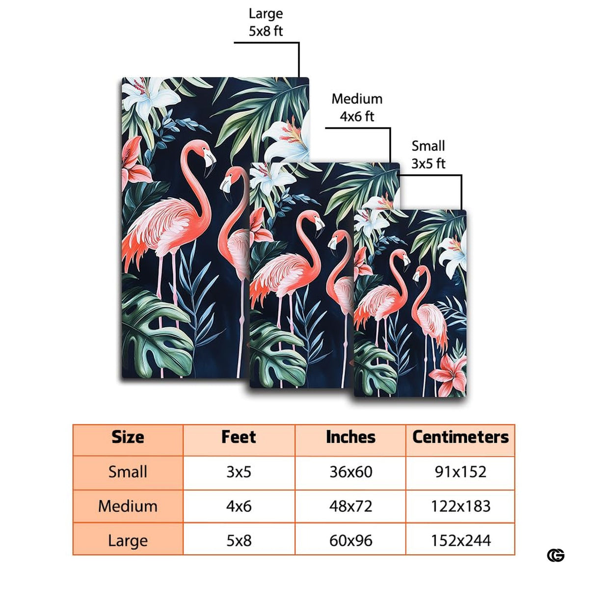 Monstera foliage and pink flamingo artwork on navy floor accent rug