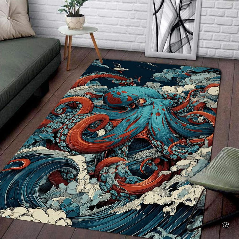Living room arrangement showing the rectangular turquoise kraken area rug placed on dark hardwood flooring.
