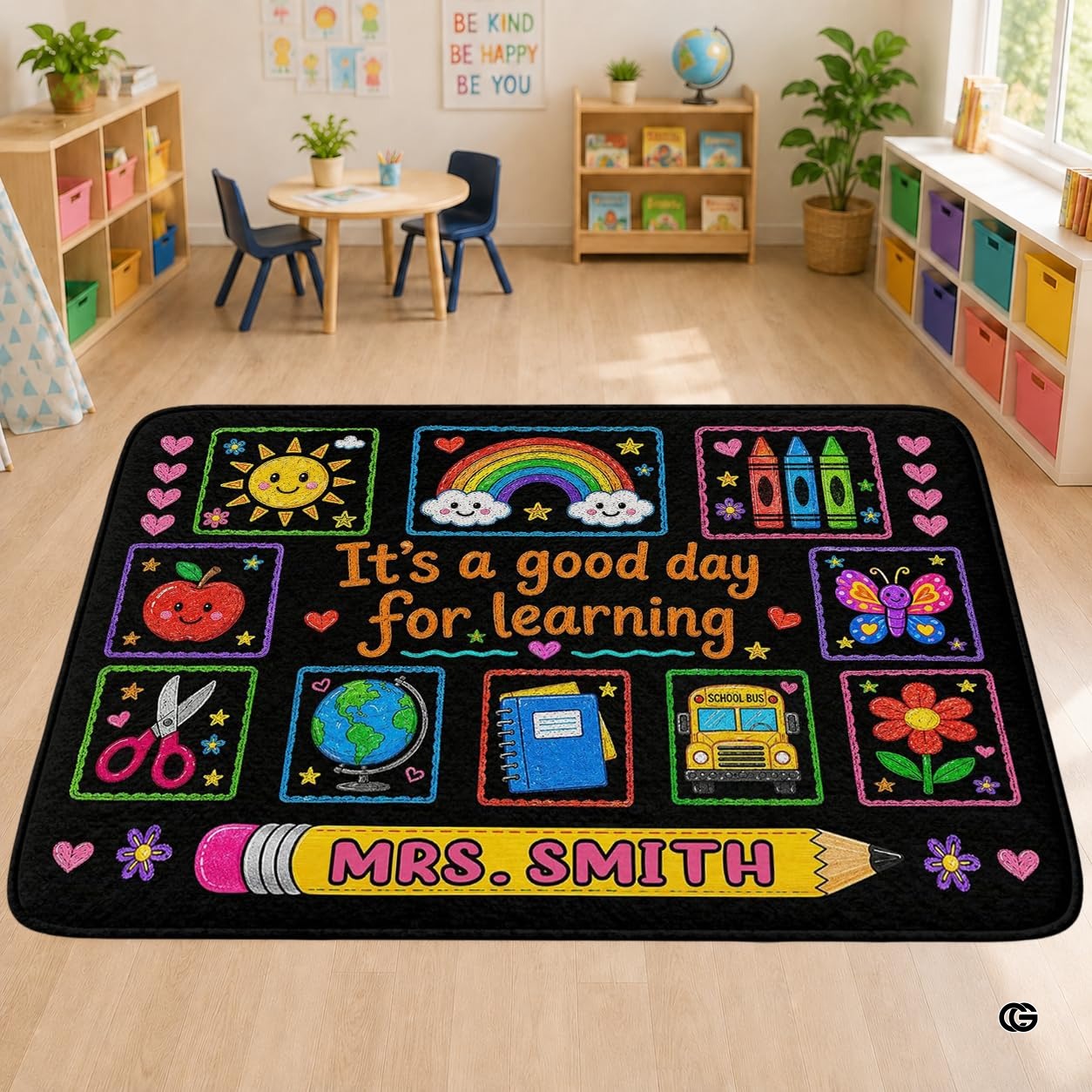 Personalized Teacher Classroom Rug, Custom Back to School Welcome Mat with Name, Kindergarten Preschool Elementary Decor, Composition Notebook Carpet (A05)