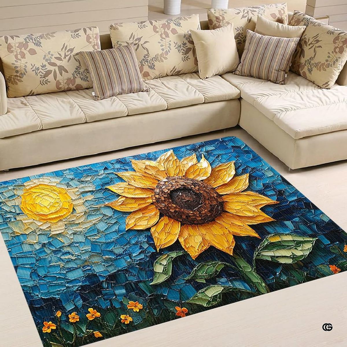 Impressionist mosaic sunflower illustration rectangular area rug.