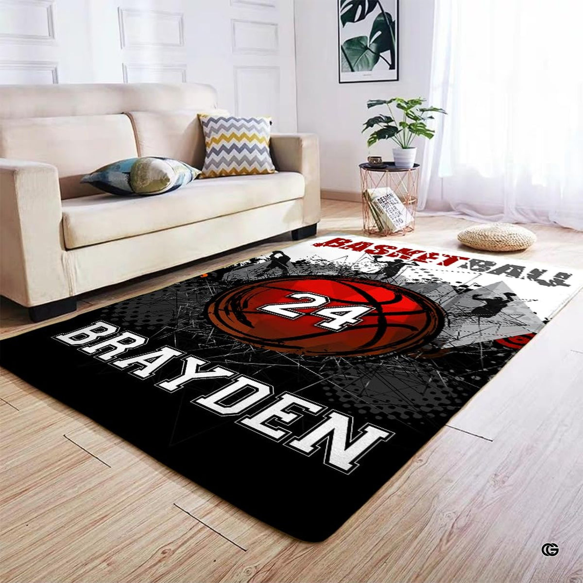 Red basketball player area rug styled on hardwood flooring in sports bedroom. - image 4 of 7