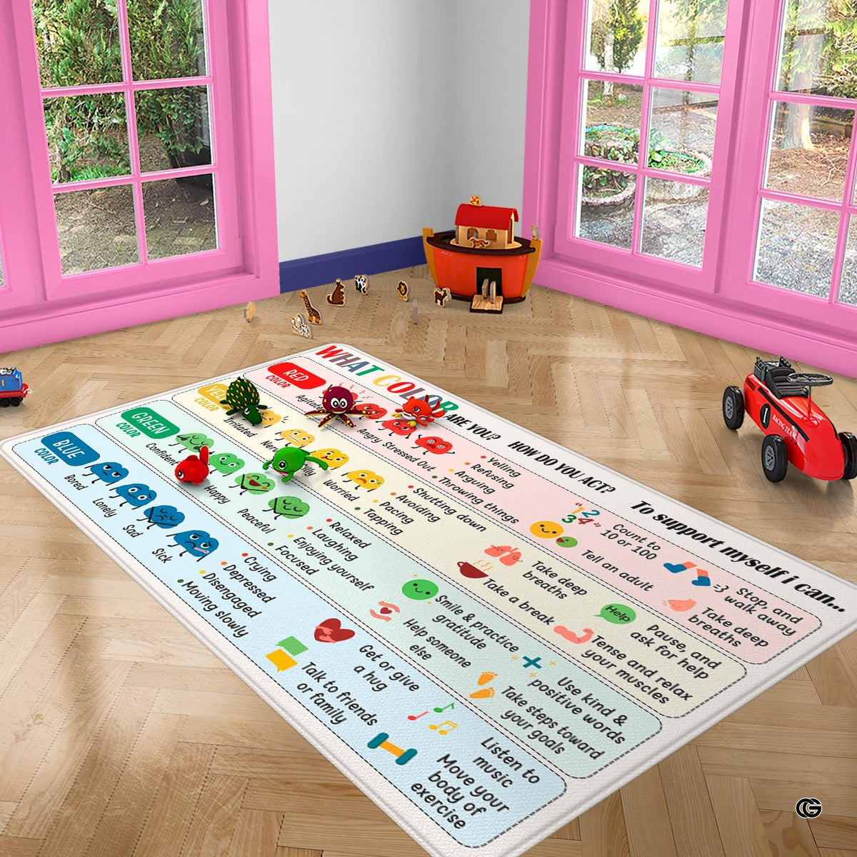Close-up view of the soft microfiber surface and colorful brain emotion illustrations on the rug - image 3 of 9