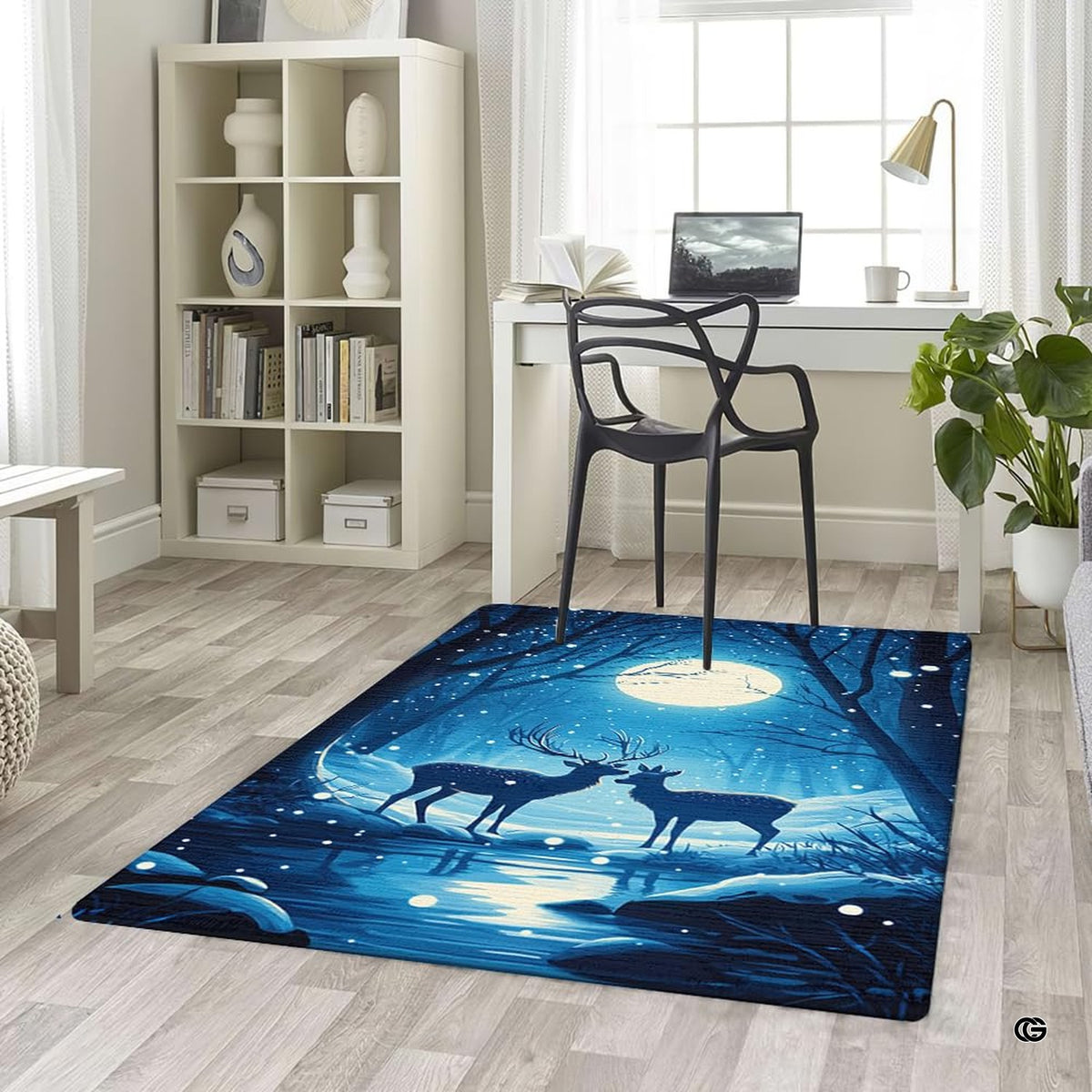 Living room setting featuring the starry night winter forest area rug on wooden flooring.