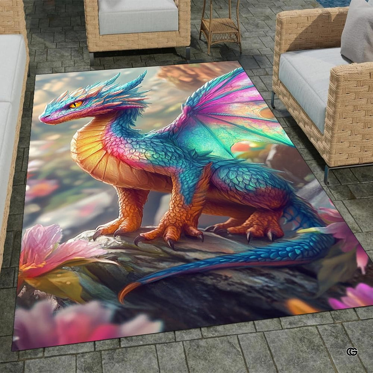 Full layout of vibrant pink floor accent displaying perched dragon artwork across an ethereal enchanted backdrop.