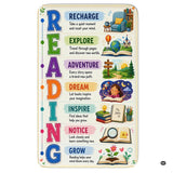 Educational decorative accent motif area rug with storybook illustrations and pastel panels on off-white background.