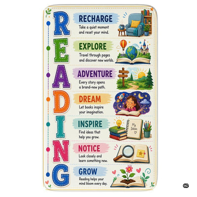 Educational decorative accent motif area rug with storybook illustrations and pastel panels on off-white background.