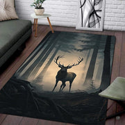 Living room seating setup featuring the majestic elk buck misty pine forest rustic area rug - thumbnail image 1 of 5