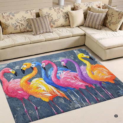 Rainbow colorful flamingo flock living room area rug in front of a sectional sofa - thumbnail image 1 of 2