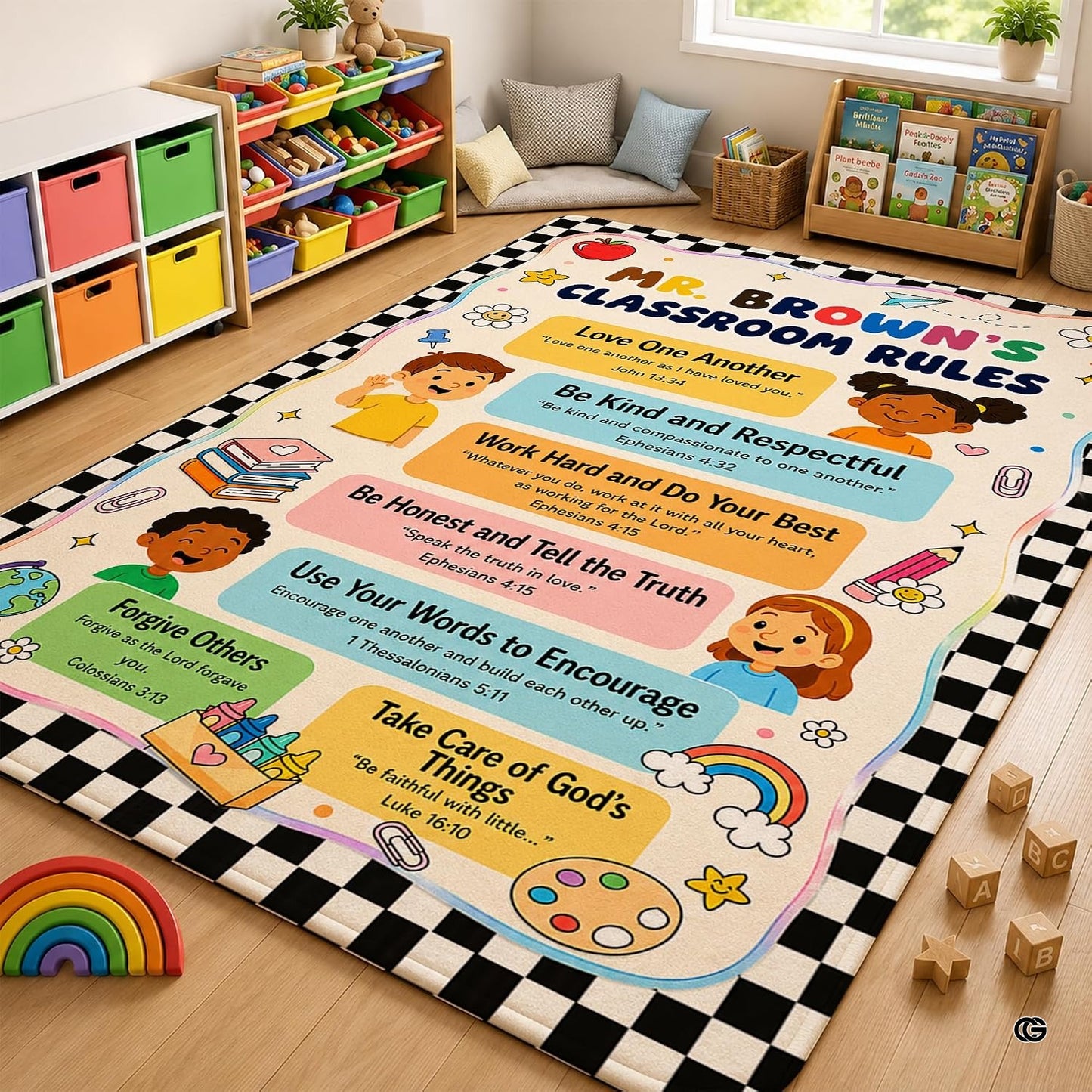 Personalized Teachers Classroom Rug, Custom Teacher Name Classroom Rules Area Rug, Feeling Chart Calming Corner Mat, Kindergarten Educational Back to School Class Decor (D4)