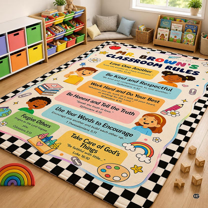 Personalized Teachers Classroom Rug, Custom Teacher Name Classroom Rules Area Rug, Feeling Chart Calming Corner Mat, Kindergarten Educational Back to School Class Decor (D4)