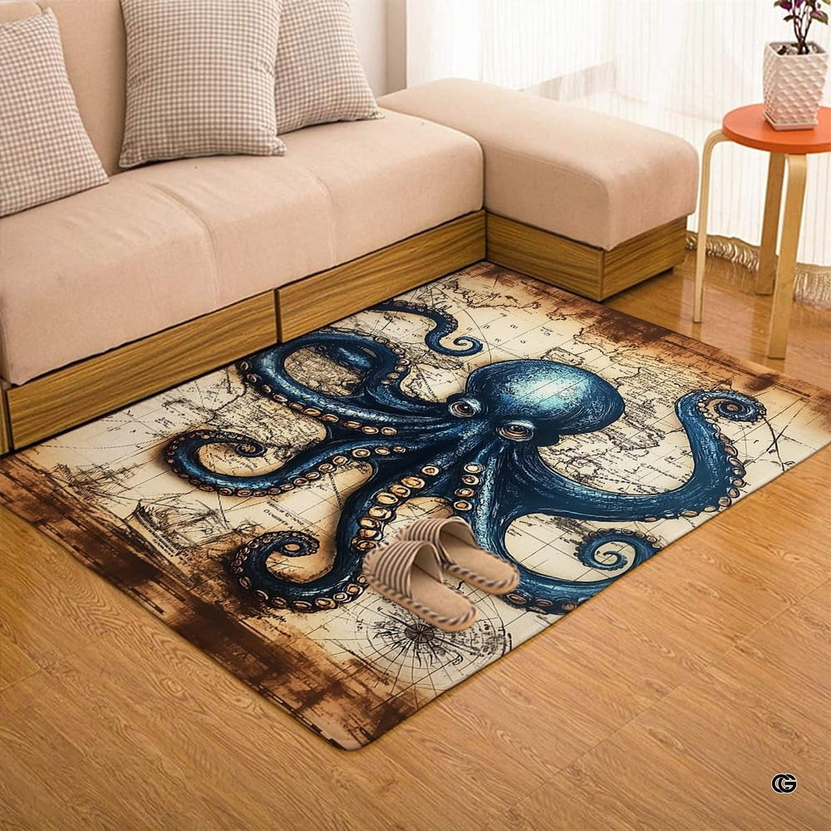 Lifestyle scene featuring family lounging on blue octopus nautical map area rug.