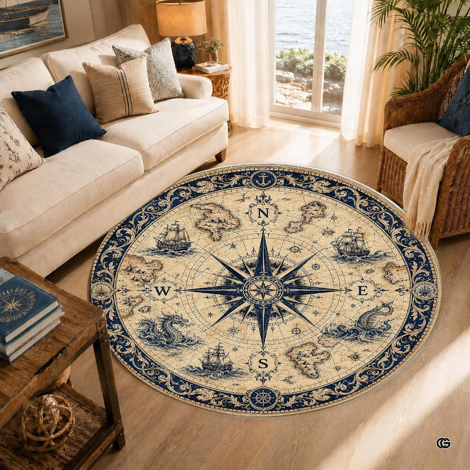 Antique nautical compass galleon sea monster circular area rug in primary perspective