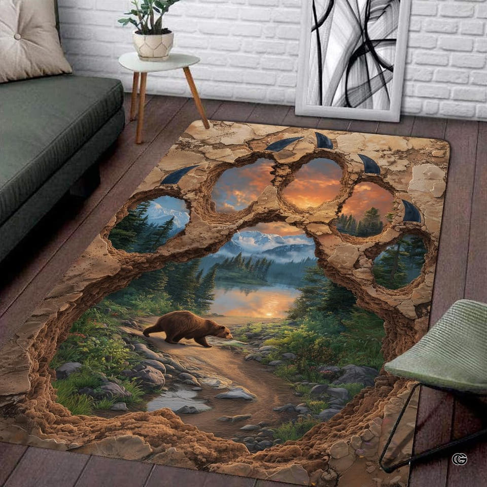 Rustic bear paw print mountain lake landscape area rug on a wood floor