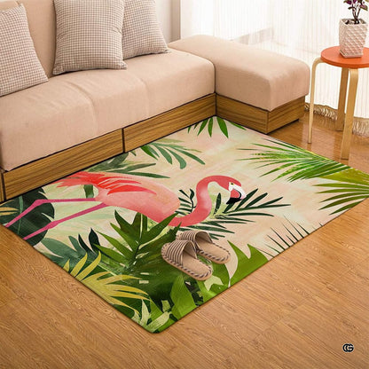 Dimensions and sizing chart for tropical pink flamingo palm living room area rug - thumbnail image 2 of 7