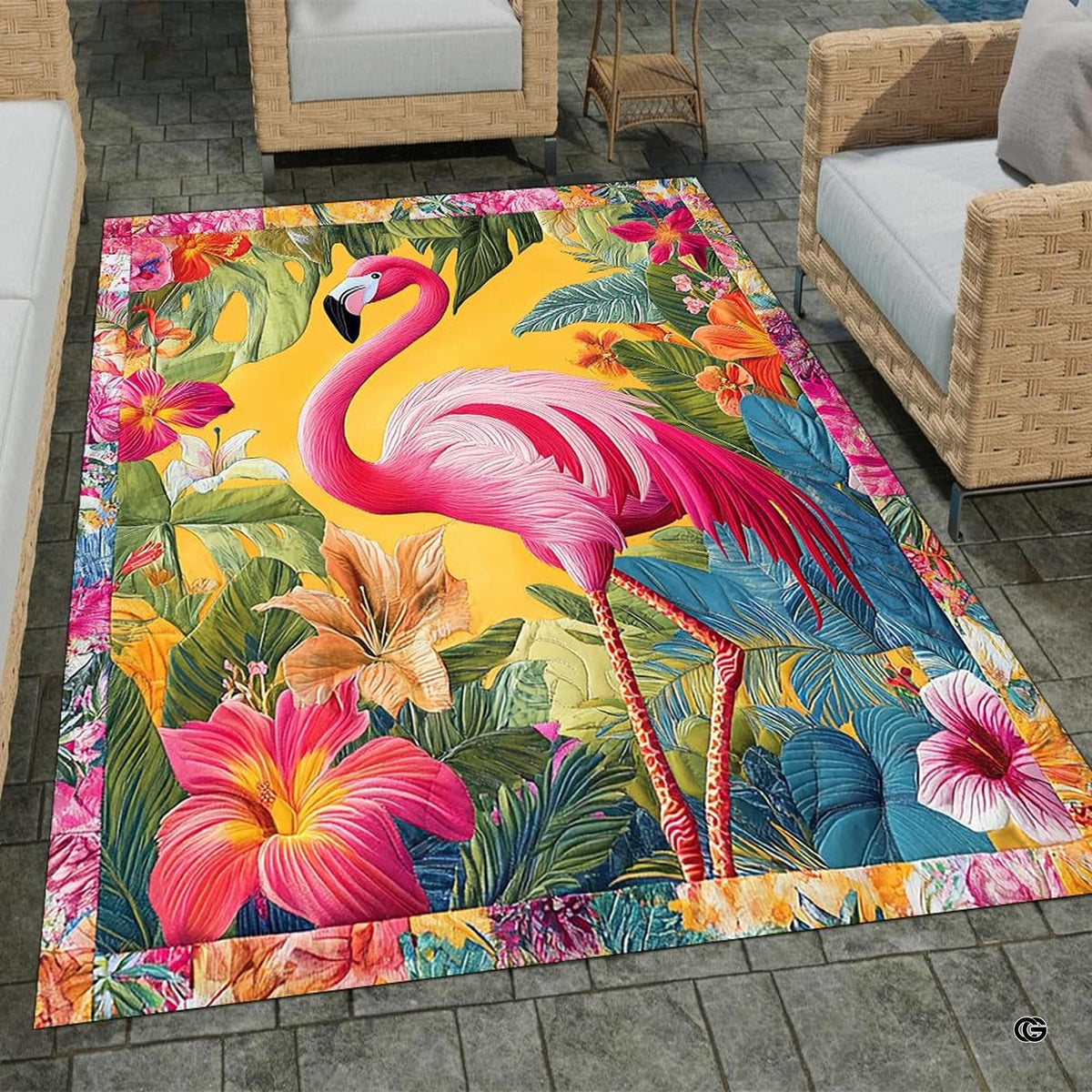 Living room setting featuring vibrant flamingo botanical floor decor under gentle ambient lighting. - image 7 of 8