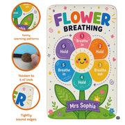 Detailed design view of smiling decorative accent illustration, grassy base, and turquoise petals on an off-white area rug. - thumbnail image 7 of 7