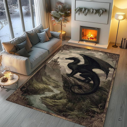 Dramatic black winged dragon perched on a high cliff overlooking an ancient fantasy castle and river valley area rug. - thumbnail image 5 of 8