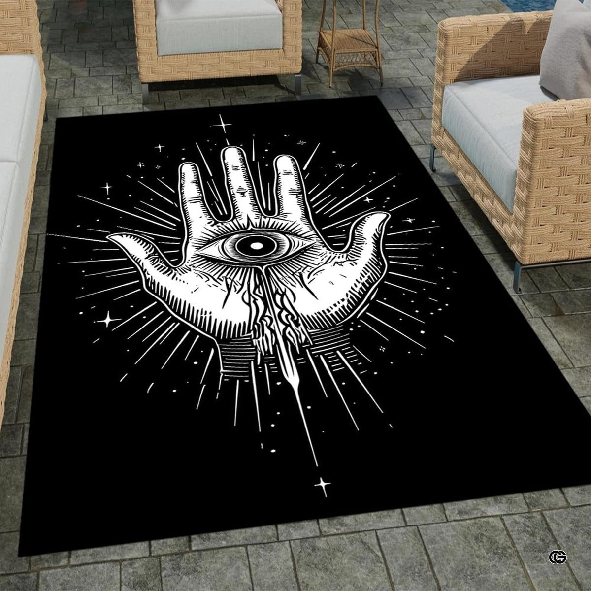 Bound area rug showcasing Hamsa art placed beneath a contemporary coffee table.