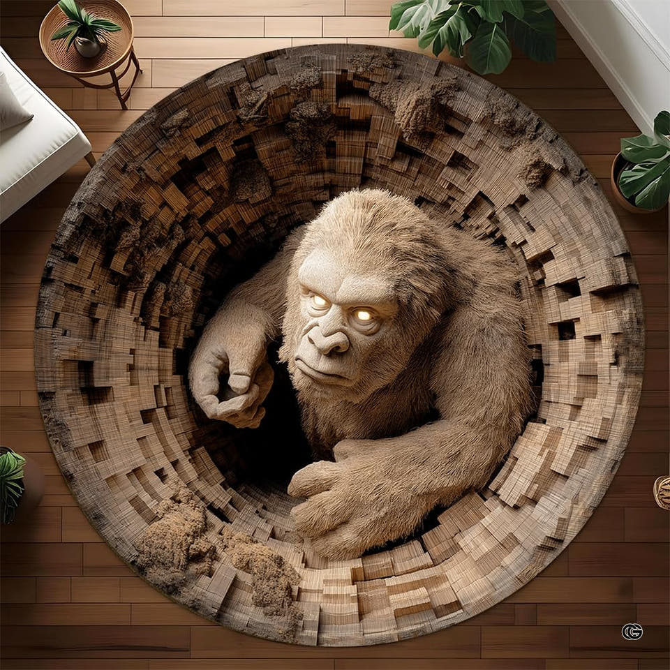 Round Yeti rug climbing from a deep brick well