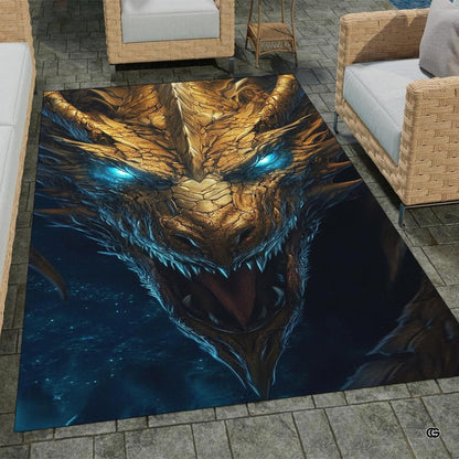 Overhead layout view of the rectangular roaring golden dragon glowing eyes fantasy rug - thumbnail image 7 of 7