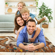 Bright sunroom setting with the rustic wolf headdress rug centered on wooden flooring - thumbnail image 5 of 7