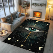 Living room seating arrangement with roaring fireplace and celestial evil eye rug on light hardwood - thumbnail image 5 of 8