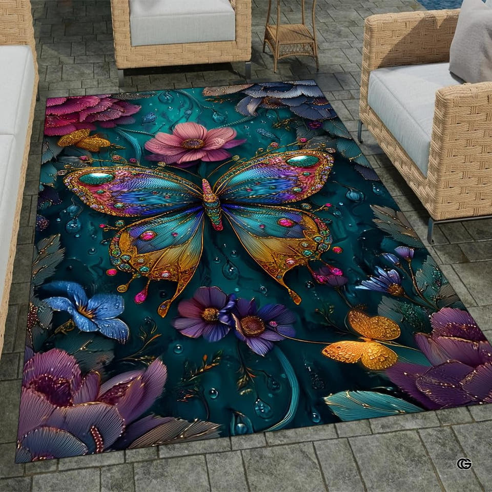 Jeweled iridescent butterfly floral garden area rug in primary perspective