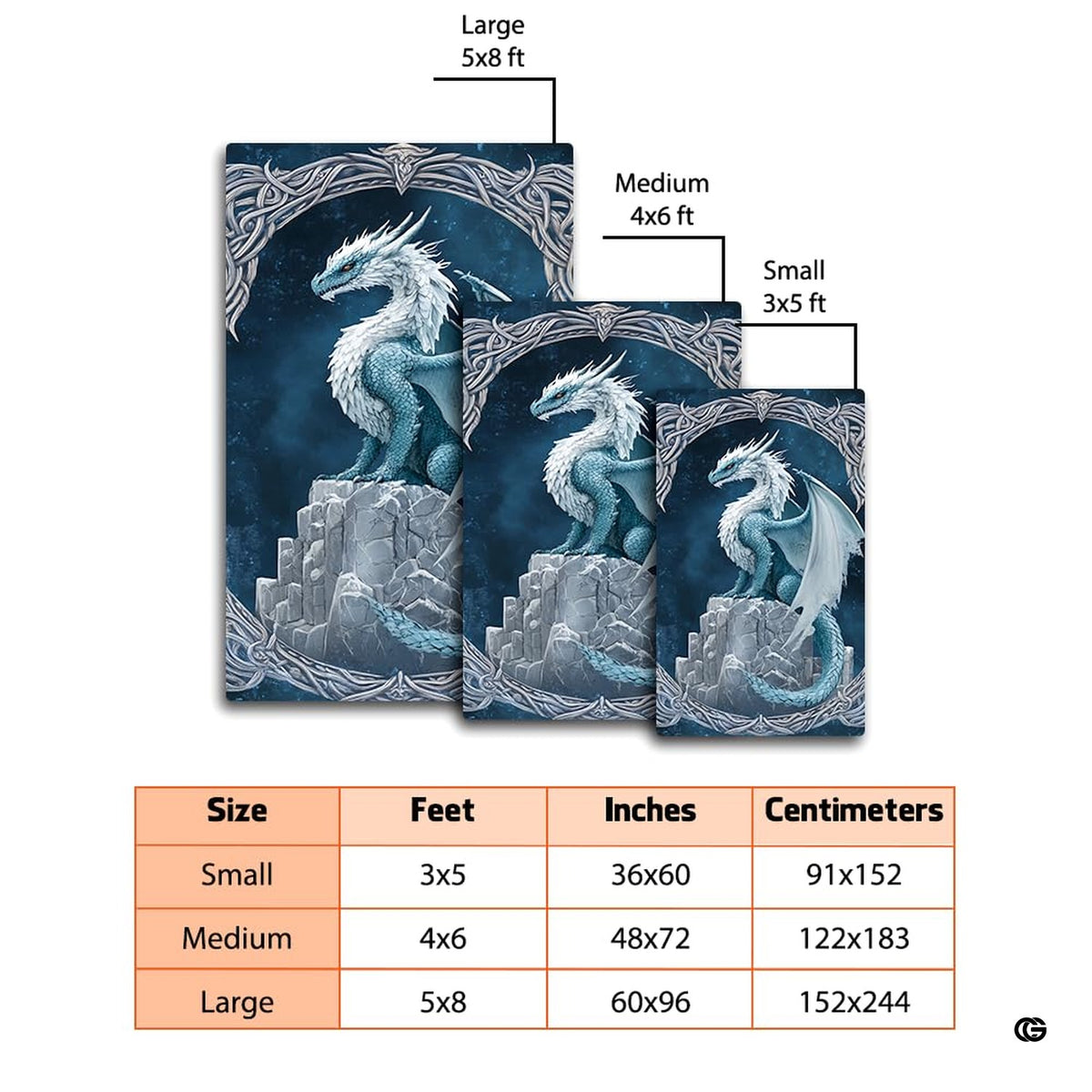 Mockup display of the ice dragon area rug placed in front of modern living room furniture