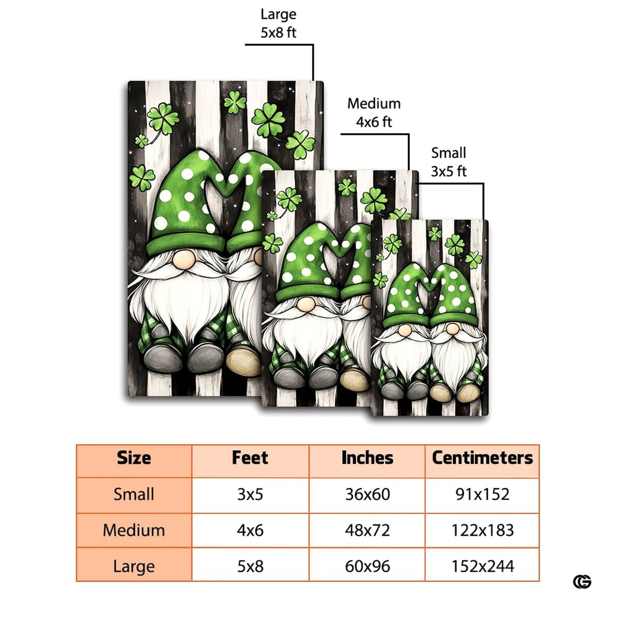 Dimensions and sizing chart for Irish lucky gnomes shamrock green area rug - image 2 of 8