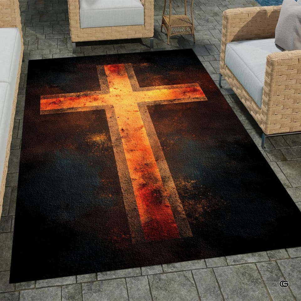 Area rug showcasing a glowing rustic Latin cross against a dark textured background