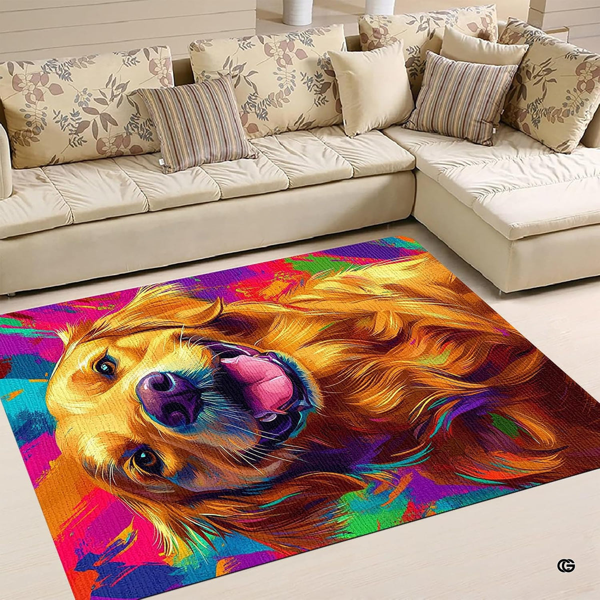 Cozy living room corner with patterned cushions showcasing the colorful golden retriever area rug