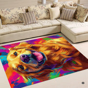 Cozy living room corner with patterned cushions showcasing the colorful golden retriever area rug - thumbnail image 4 of 5