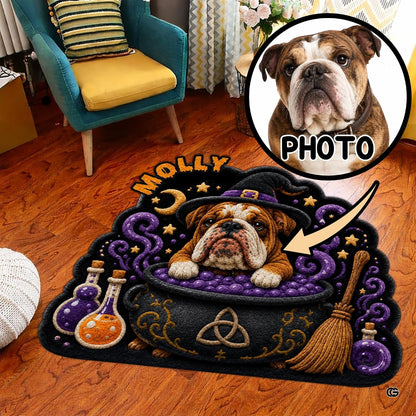 Custom Dog Photo Rug, Personalized Pet Portrait Area Mat Non Slip Indoor Door Rug for Dog Lovers, Welcome Home Decor Halloween (Witch Cauldron)
