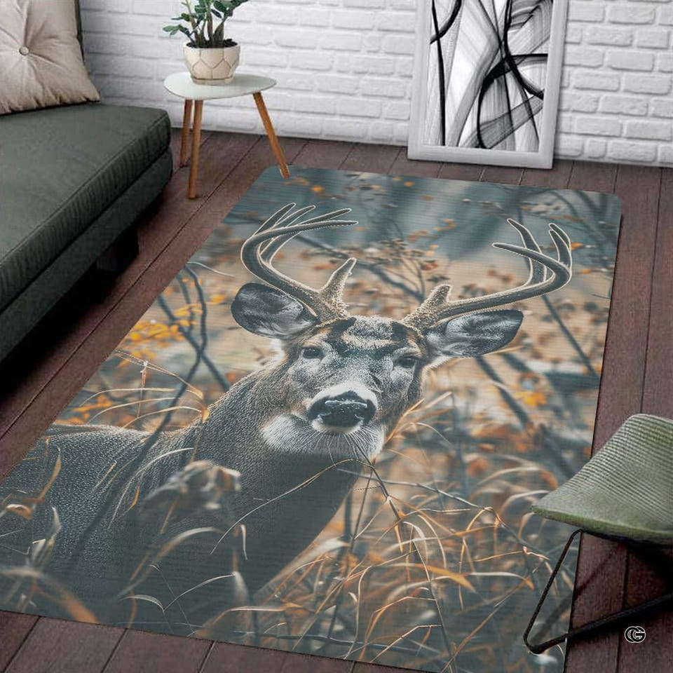 Whitetail buck deer nestled in autumn leaves on a circular vortex round rug display.